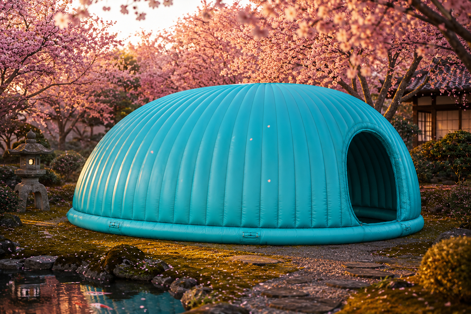 Teal Snug Yoga pod in a Japanese garden with cherry blossom