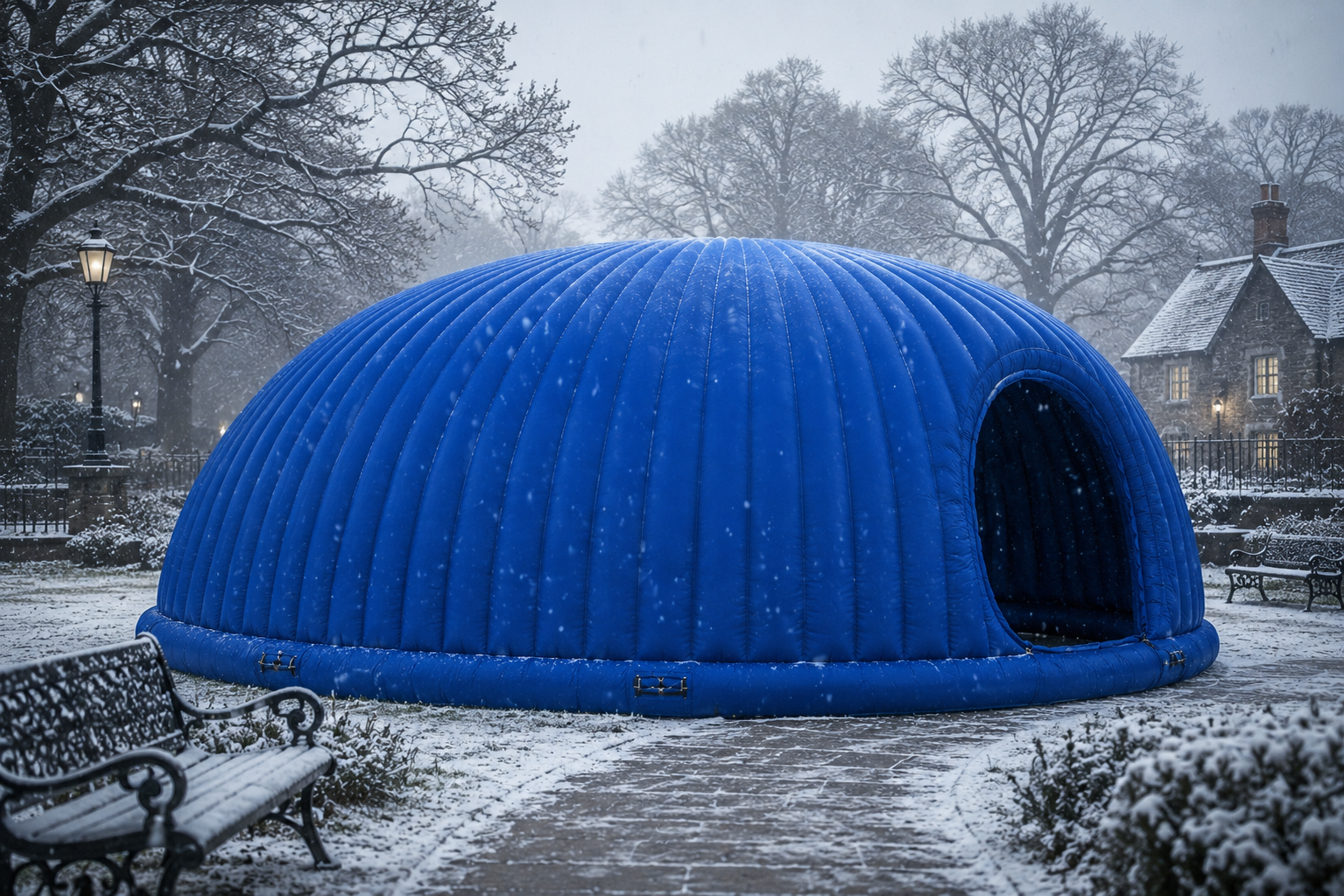 Blue Snug Yoga pod in a snowy English village setting